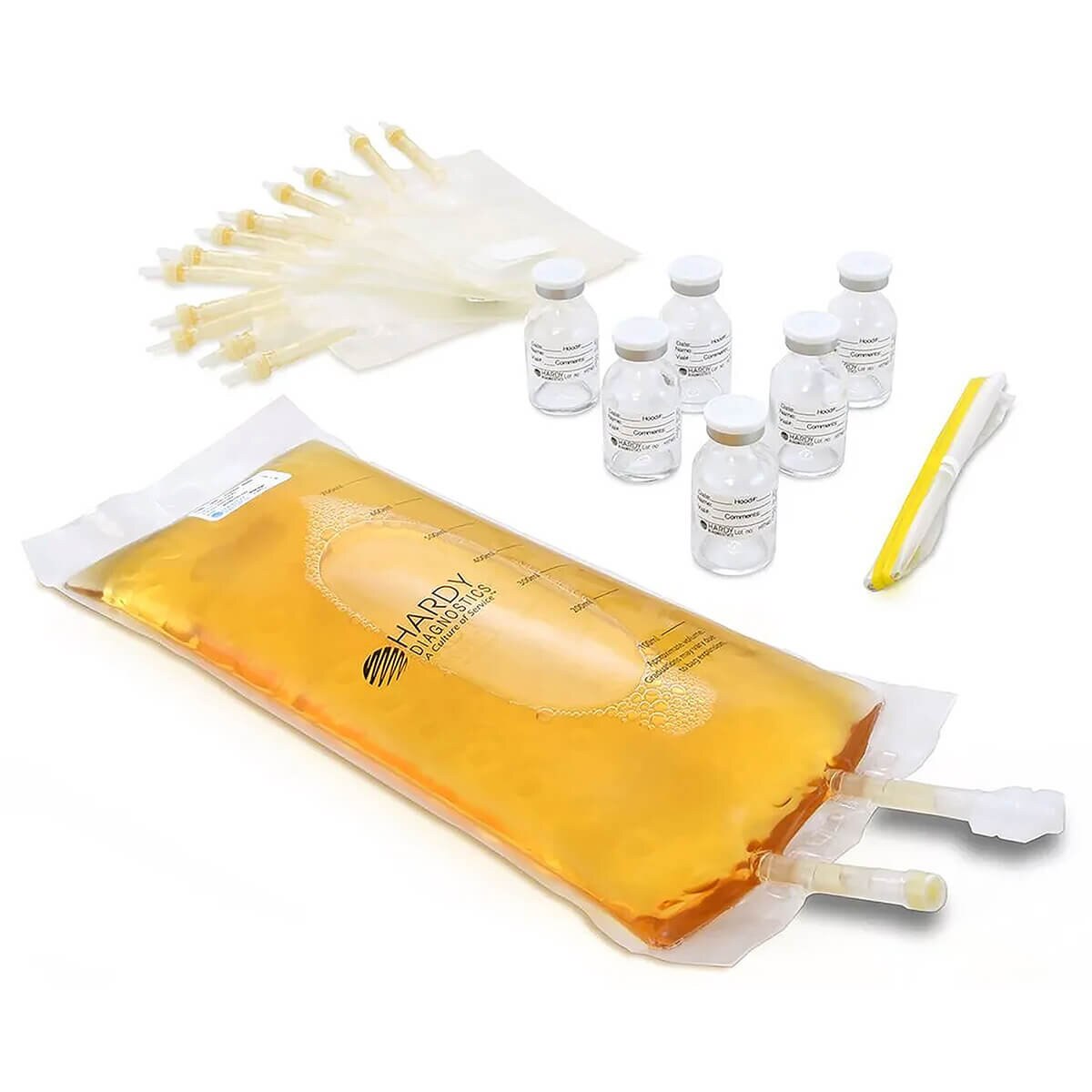 HardyVal HVM1 medium-complexity CSP media-fill challenge kit with TSB IV bag, empty dual-port bags and sterile serum vials